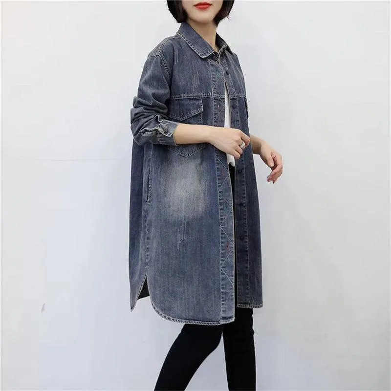 Trenchs de Femmes Manteaux Denim Veste Casual Coupe-Vent Femmes Long Manteau Printemps Automne Lâche Mince Cardigan Plus Taille Femelle Mujer Chaqueta