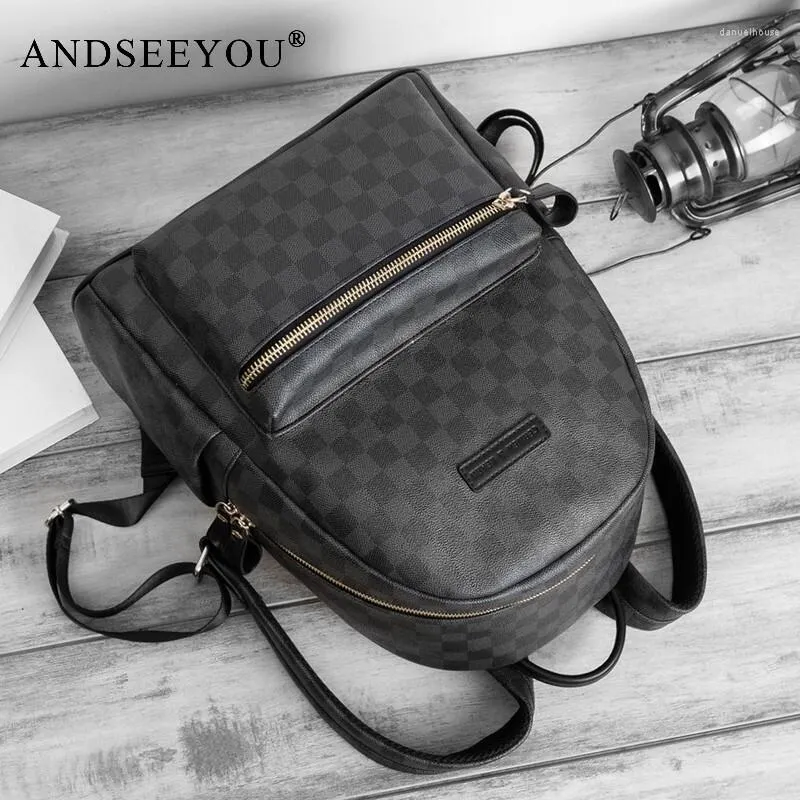 Mochilas escolares Marca Andseeyou para hombres y mujeres con personalidad empresarial Mochila simple de cuero a cuadros Retro de gran capacidad de corta distancia