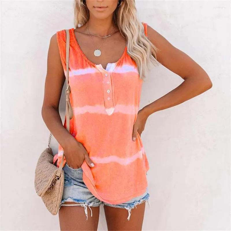 Women's T Shirts 2023 Summer Women Tie-Dye randig tryckt Vest T-shirts Casual Loose Oversize Tank Tops Ladies O-Neck-knapp ärmlös