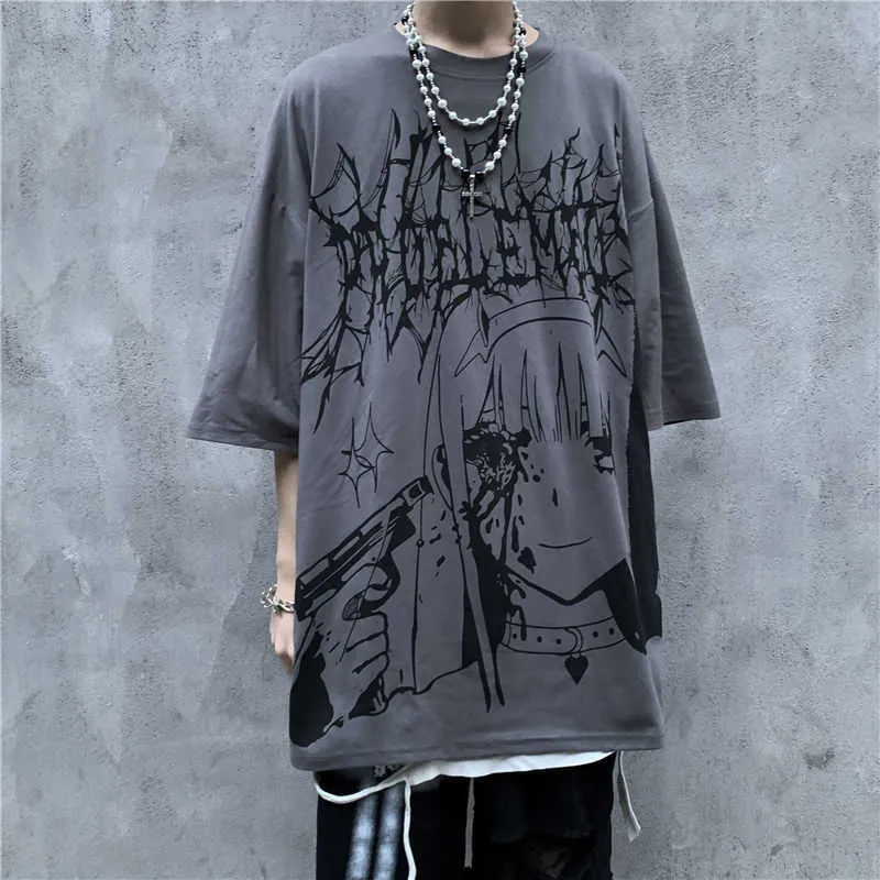 Erkek Tişörtler Kore Trendi Koyu Tshirt Hiphop Graffiti Anime Baskı Yaz Büyük Boy Büyük Boyu Kısa Çevneli Gömlek Erkekler Kadın Unisex Tees Z0220