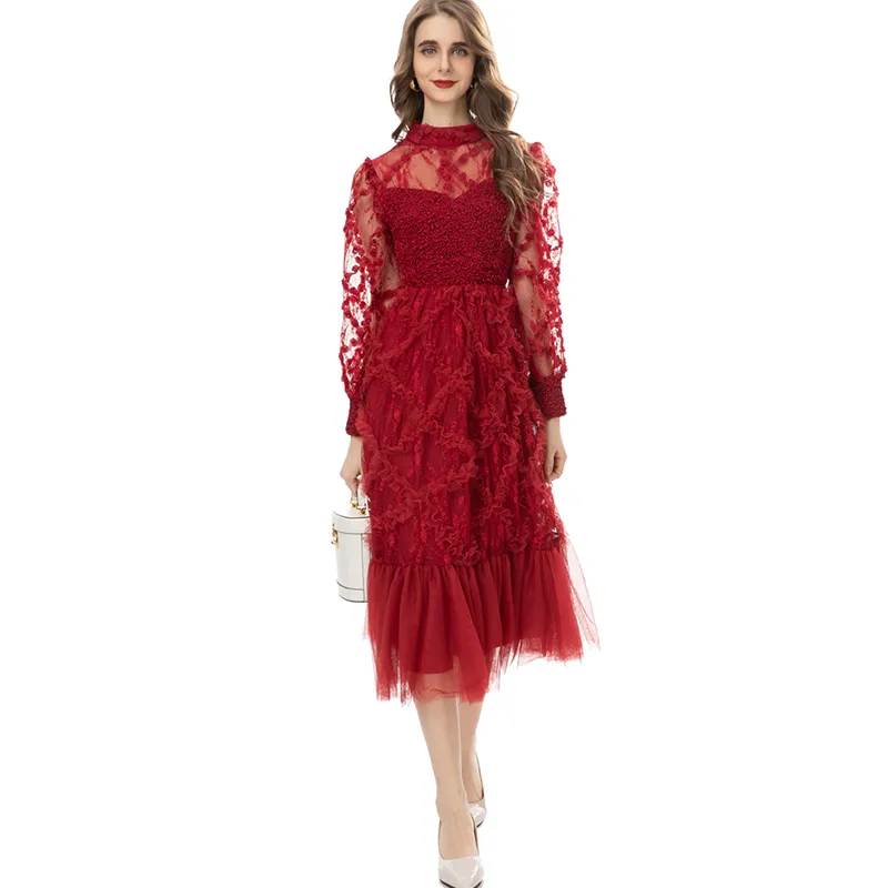 Kadın pist elbiseleri o boyun uzun kollar fırfırlar dantel örgü patchwork moda orta balo vestidos