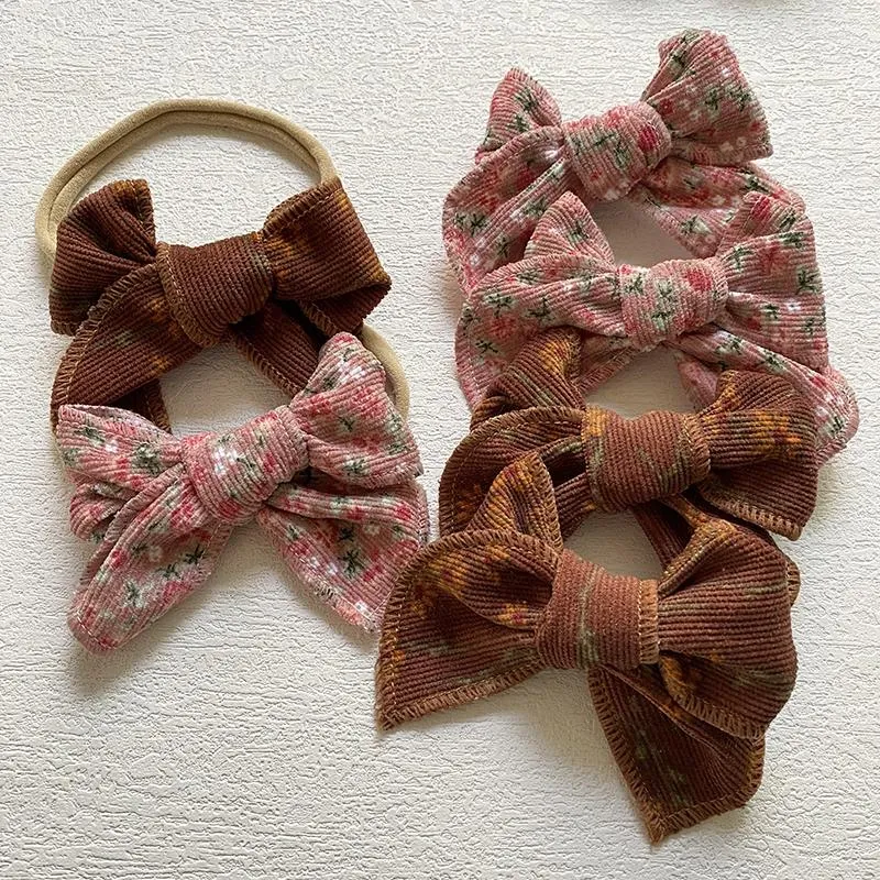 Hårtillbehör 3st/Set Bow Clips For Girls Corduroy Hairpins Baby Headband Floral Print Born pannband Vintage Props Kids