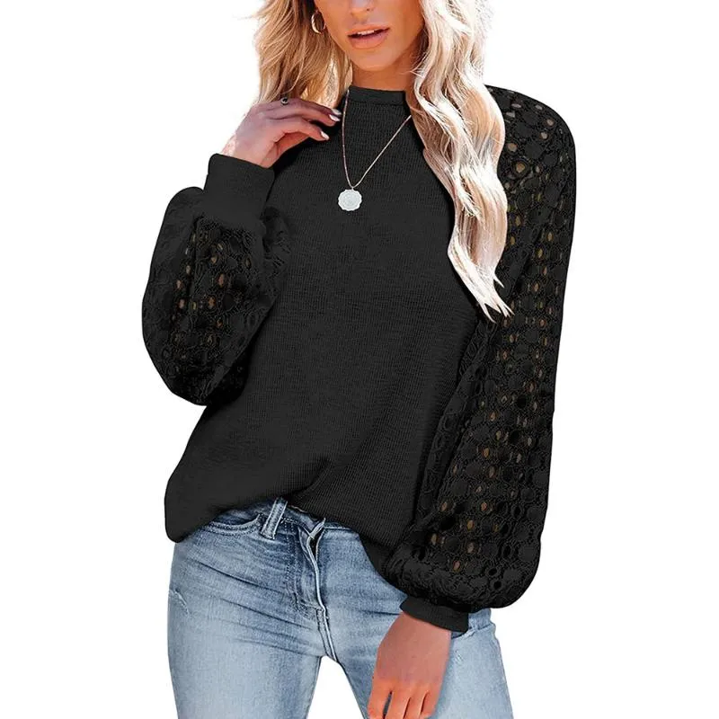 Kvinnors T -skjortor Eleganta vita spetsar Toppar Långlykta ärm Kvinnor Runda hals Solid Color Black Pullover Office Lady Cheswomens