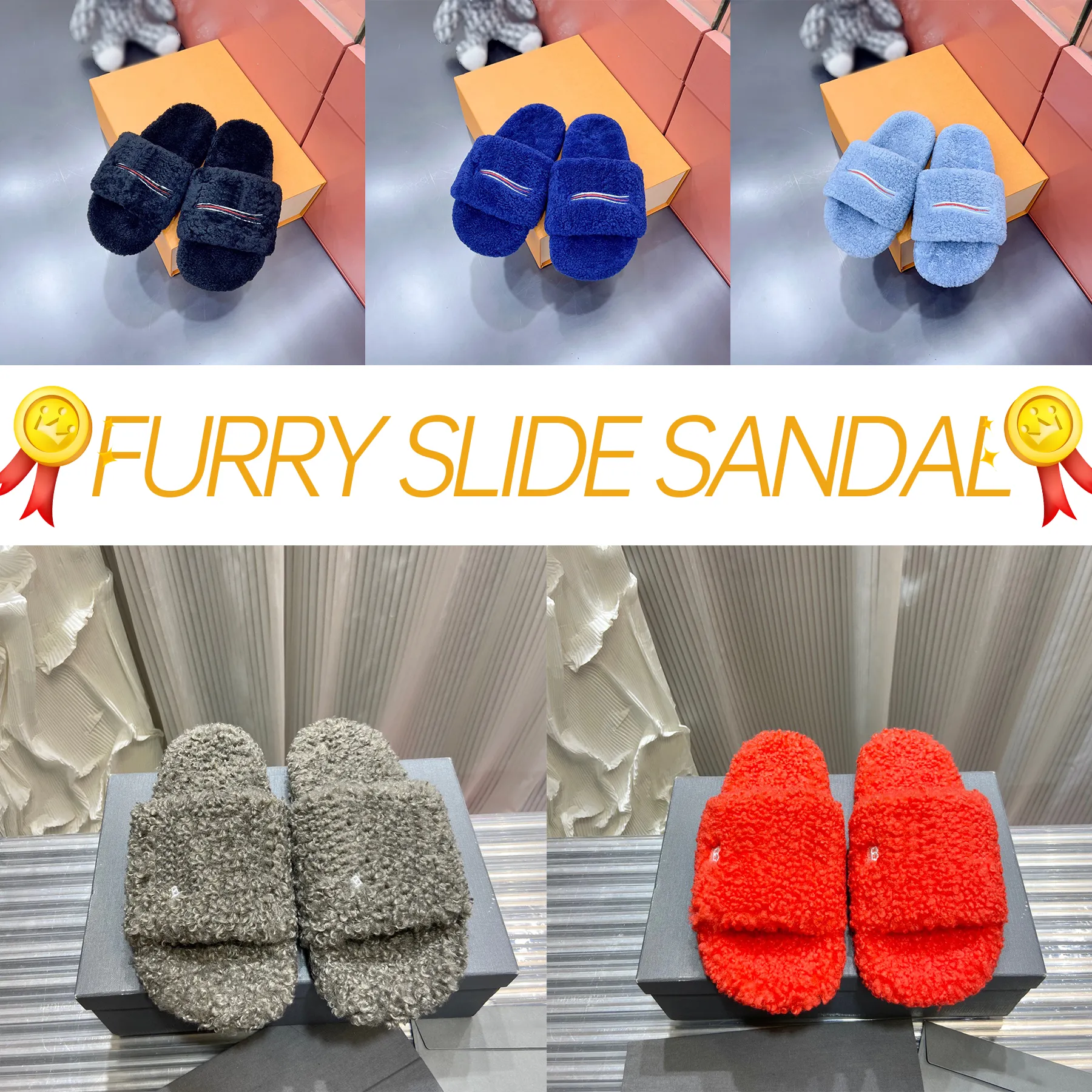 Ba Bright Color Furry Slippers c￩l￨bres Designer Sandales Femmes Villes de mouton Paris LETTRE DE SHEURSE LETTE FEMMES RECYL￉S RECYLIS