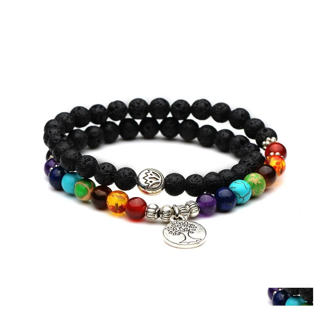 Charm Armbänder 6mm Sieben Chakra Baum Buddha Lotus Schwarz Lava Stein Perlen Armband Frauen Männer Armreif Perlen Wrap Hand Strings Drop De Dh9Mk