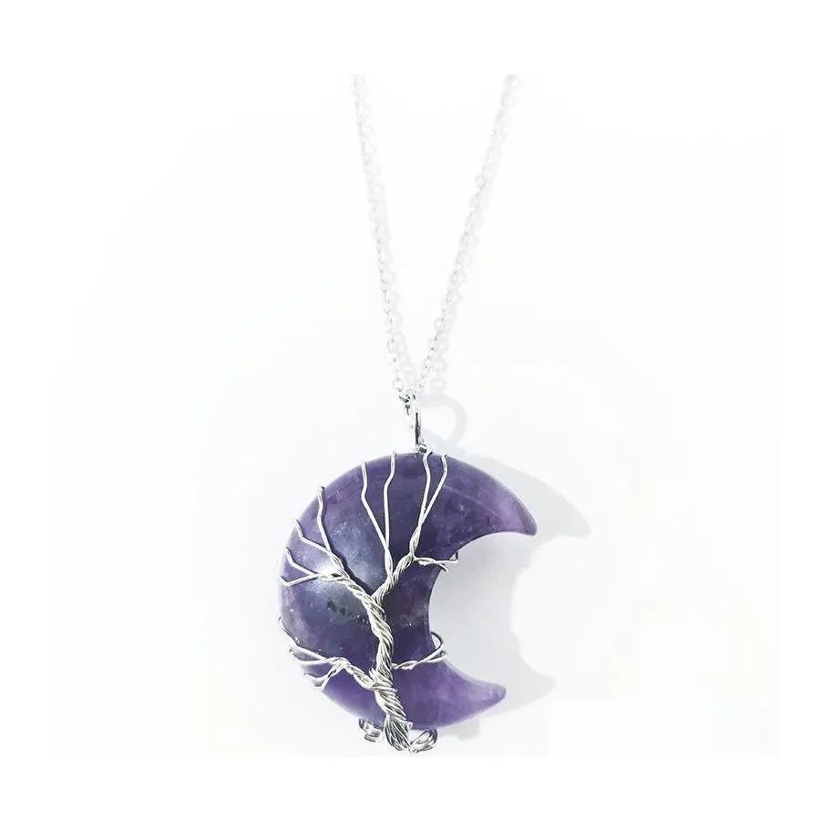 Pendentif Colliers Pierre Cristal Croissant De Lune Charmes Cuivre Ficelle Arbre De Vie Fil Enroulé Améthyste Oeil De Tigre Rose Quartz En Gros Je Dhvcy