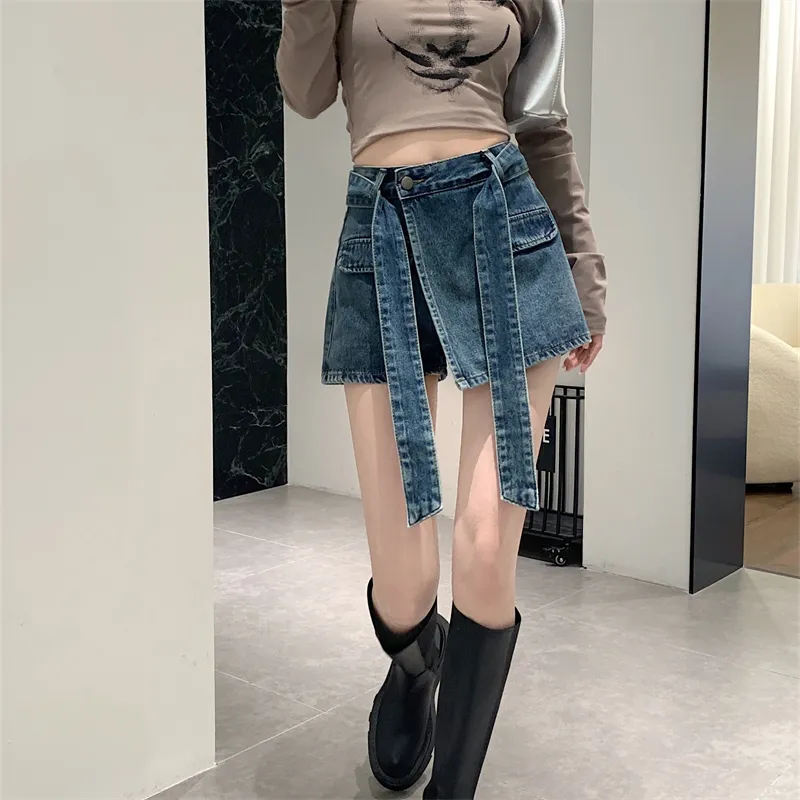 Women's Shorts Irregular Design High Waist Hip Wrap Vintage Blue Miniskirt Summer Sexy ALine Girl Jean Short Skirt Female 230220