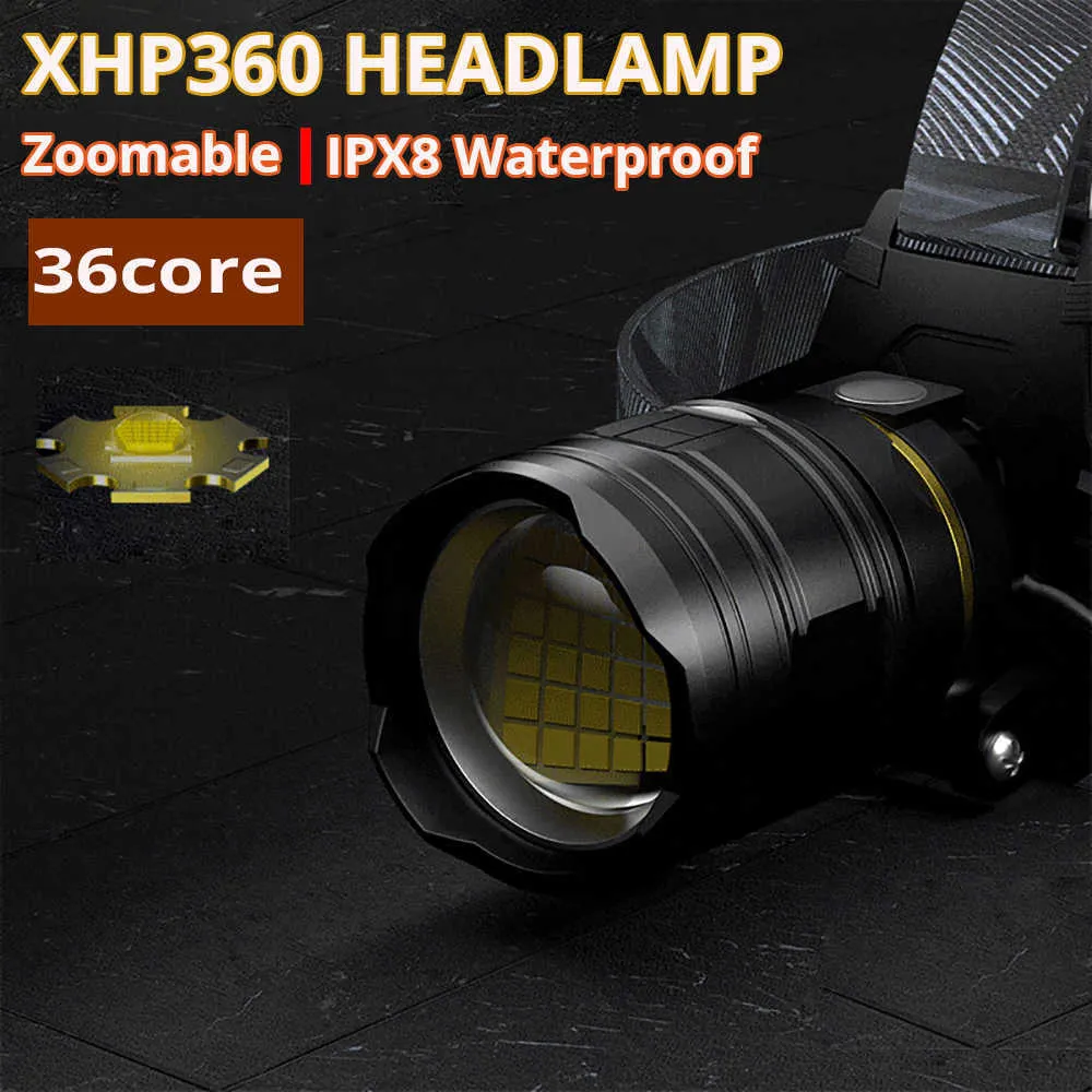 XHP360 36CORE LED Reflektor USB 18650 Wodoodporne kemping latarki Zoomble Lekkie światło wędkarskie