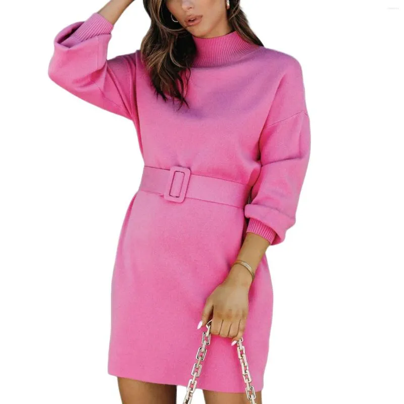 Casual Dresses Women Elegant Sweater Dress Solid Color Turtleneck Long Sleeve Knit Pullover Bodycon Mini With Belt