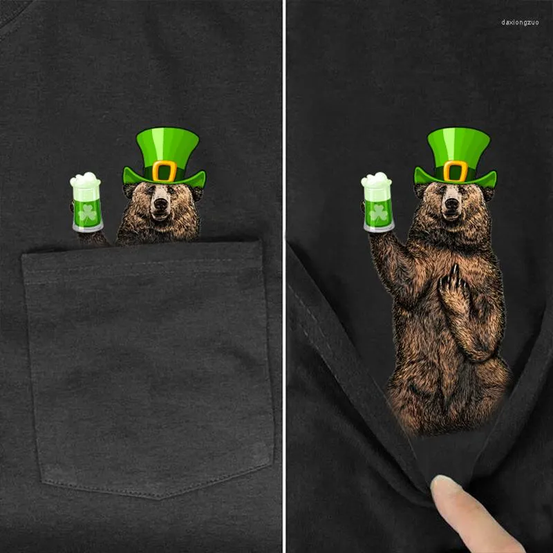 Herr t-skjortor t-shirt mode ficka irländsk öl är med Bear St Patrick's Day Print Men's Hip Hop Tops Funny Harajuku Tees