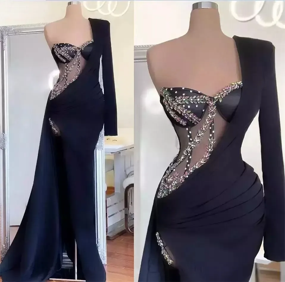 Black Mermaid Evening Dresses Single One Shoulder Long Sleeves Illusion Beading Prom Gowns High Slit Crystal Formal Lady Party Dress BC15245
