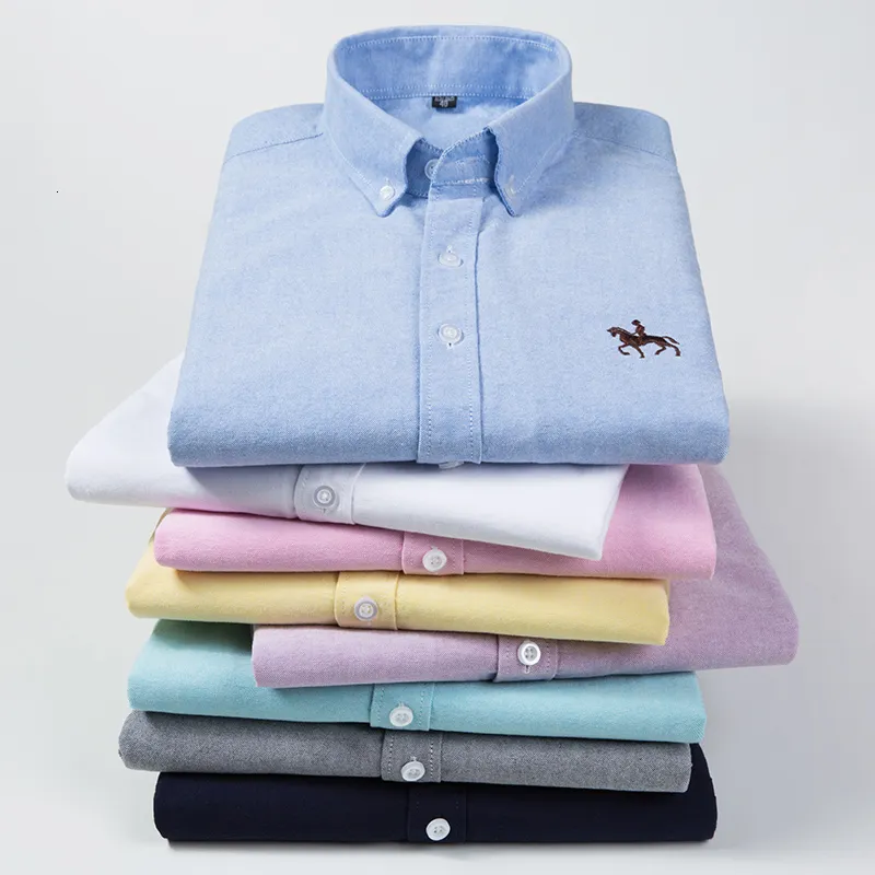 Men's Casual Shirts Pure Cotton Oxford Embroidered Horse Casual Without Pocket Solid Shirt Men's Long Sleeve Dress Shirt Men Plus Size 230220