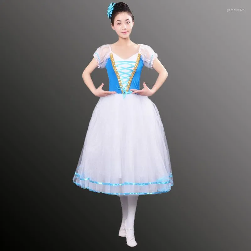 Stage Wear Tutù romantico Giselle Costumi di balletto Ragazze Bambino Velet Abito lungo in tulle Skate Ballerina Manica a sbuffo Coro