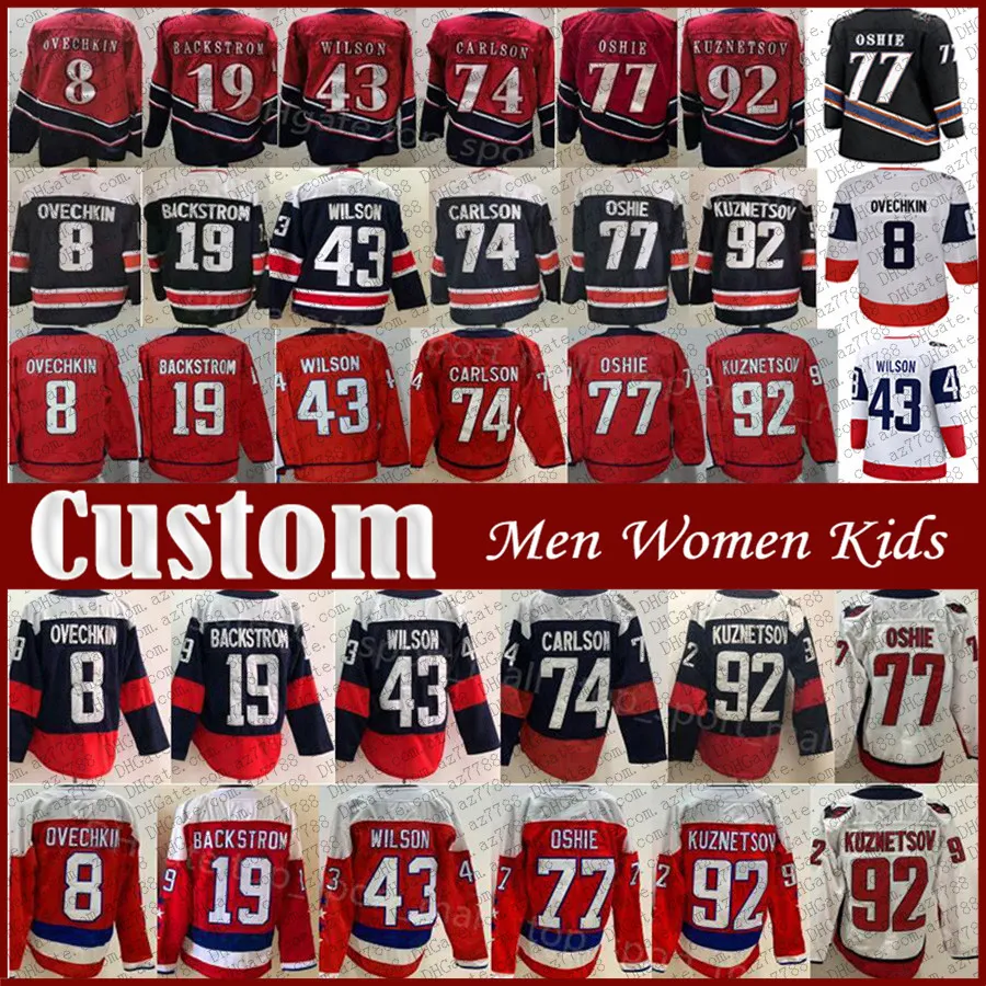 Alex Ovechkin TJ Oshie Hockey Jersey Custom Heren Dames Kid Nicklas Backstrom Evgeny Kuznetsov Tom Wilson Dylan Strome John Carlson Darcy Kuemper