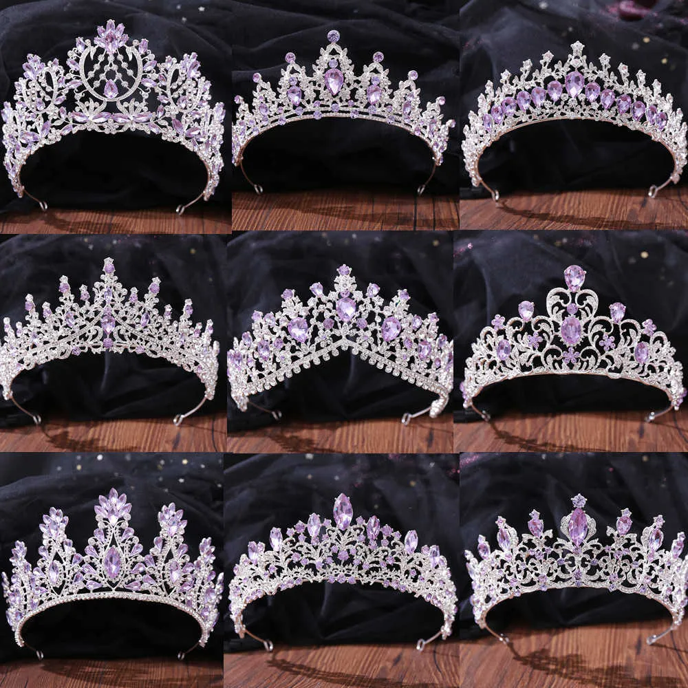 Tiaras diezi Fashion Queen Princess Light Purple Crystal Crown Bruid Tiara Bruiloft Koreaans kopstuk Haar sieraden Accessoires Z0220