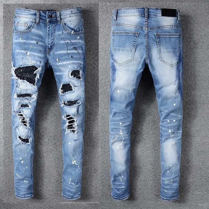 Kausal designer jeans män amirir jeans nya modemän stylist svart blå mager rippade förstörda stretch smala fit hip hop byxor 28-40 toppkvalitet jeans uomo fd