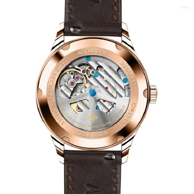 Agelocer Armbanduhren, Luxus-Armeeuhr, Retro-Uhr für Herren, mechanisch, Gangreserve, Stunden, Gold, Stahl, Multifunktions-Auto-Datum, 5 atm wasserdicht