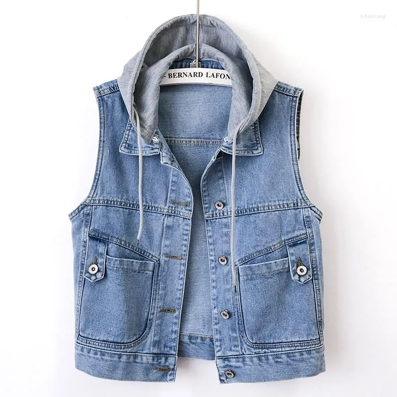 Kvinnors tankar vilda lapel toppar kvinnor casual denim väst kvinnlig vår höst kort smal ärmlös jacka studentficka jeans waistcoat h2360