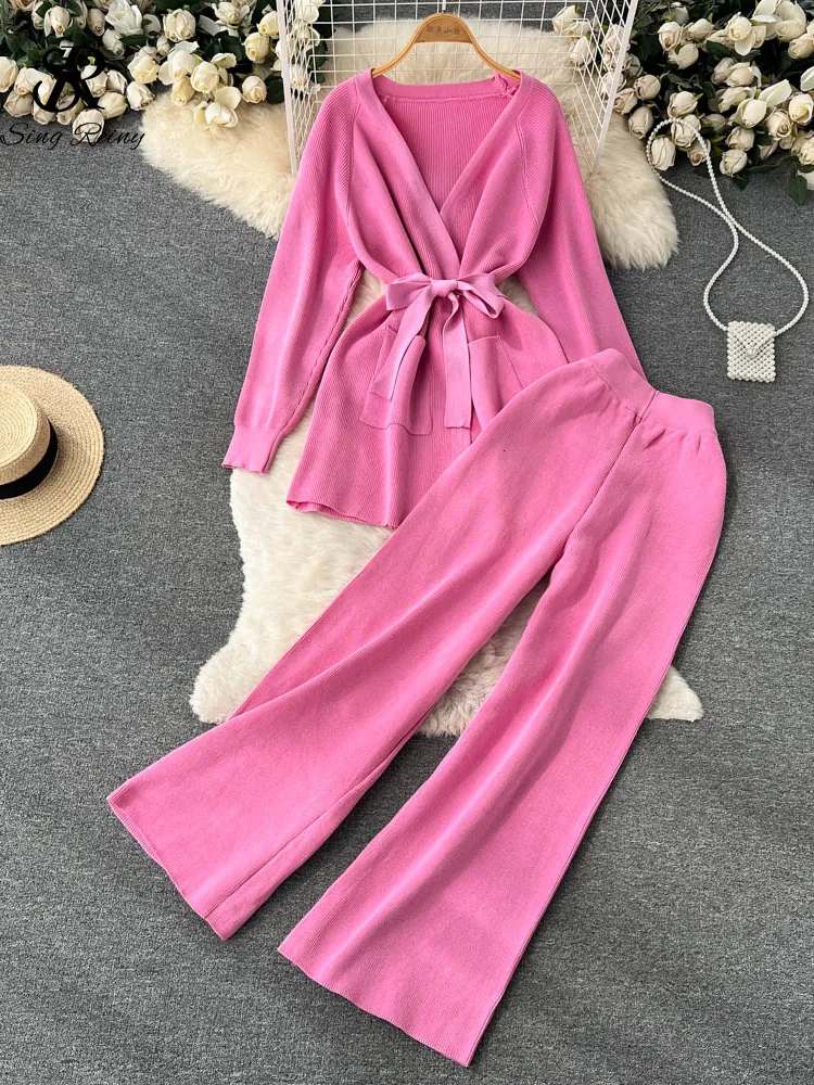 Womens Two Piece Pants SINGREINY Winter Casual Two Pieces Suits Long Sleeve Knitted Cardigan CoatElastic Waist Wide Leg Pant Female Loose Sweater Sets 230220