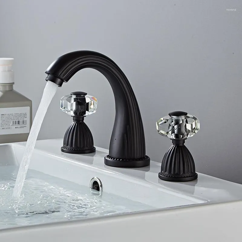 Rubinetti per lavabo da bagno Miscelatore per lavabo Rubinetto in ottone nero 3 fori Doppia maniglia in cristallo e rubinetti per vasca da bagno in oro con acqua fredda