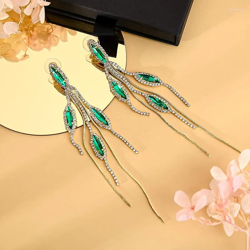 Stud Earrings Earings Crystal Long Tassel For Women Green Drop Dangling Wedding Jewelry Ladies Fashion