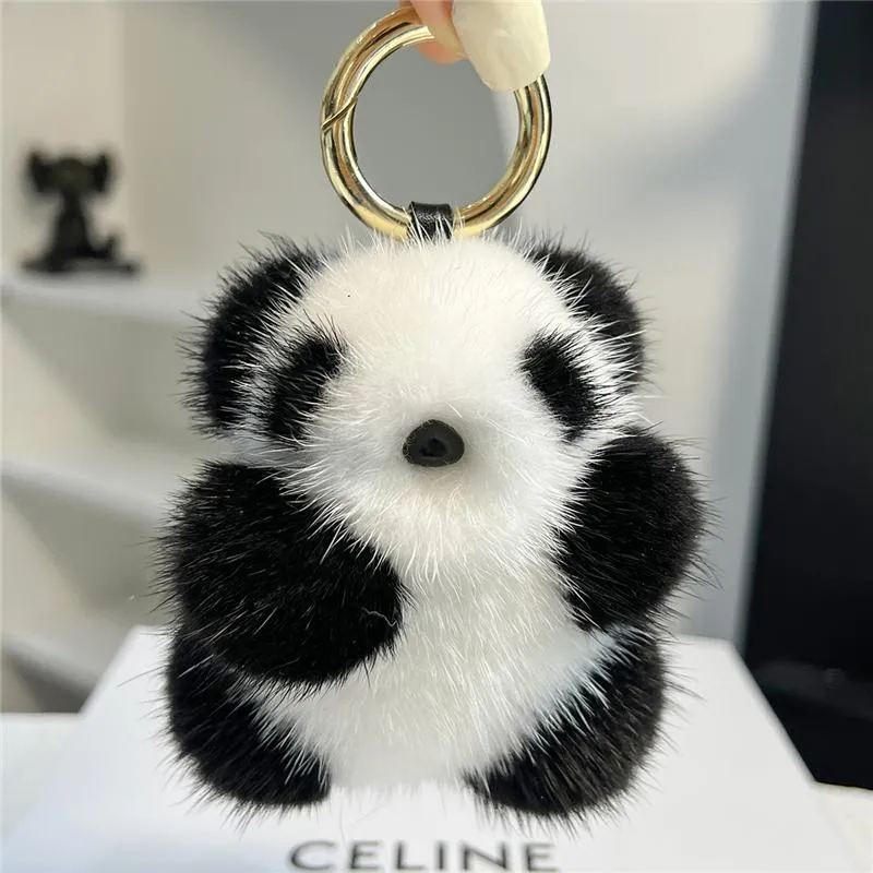 Nyckelringar mini söt panda riktig nyckelring plysch björn leksak barn skolväska hänge kvinnor biltangentning prydnader klassisk födelsedag presentkeychains nyckel