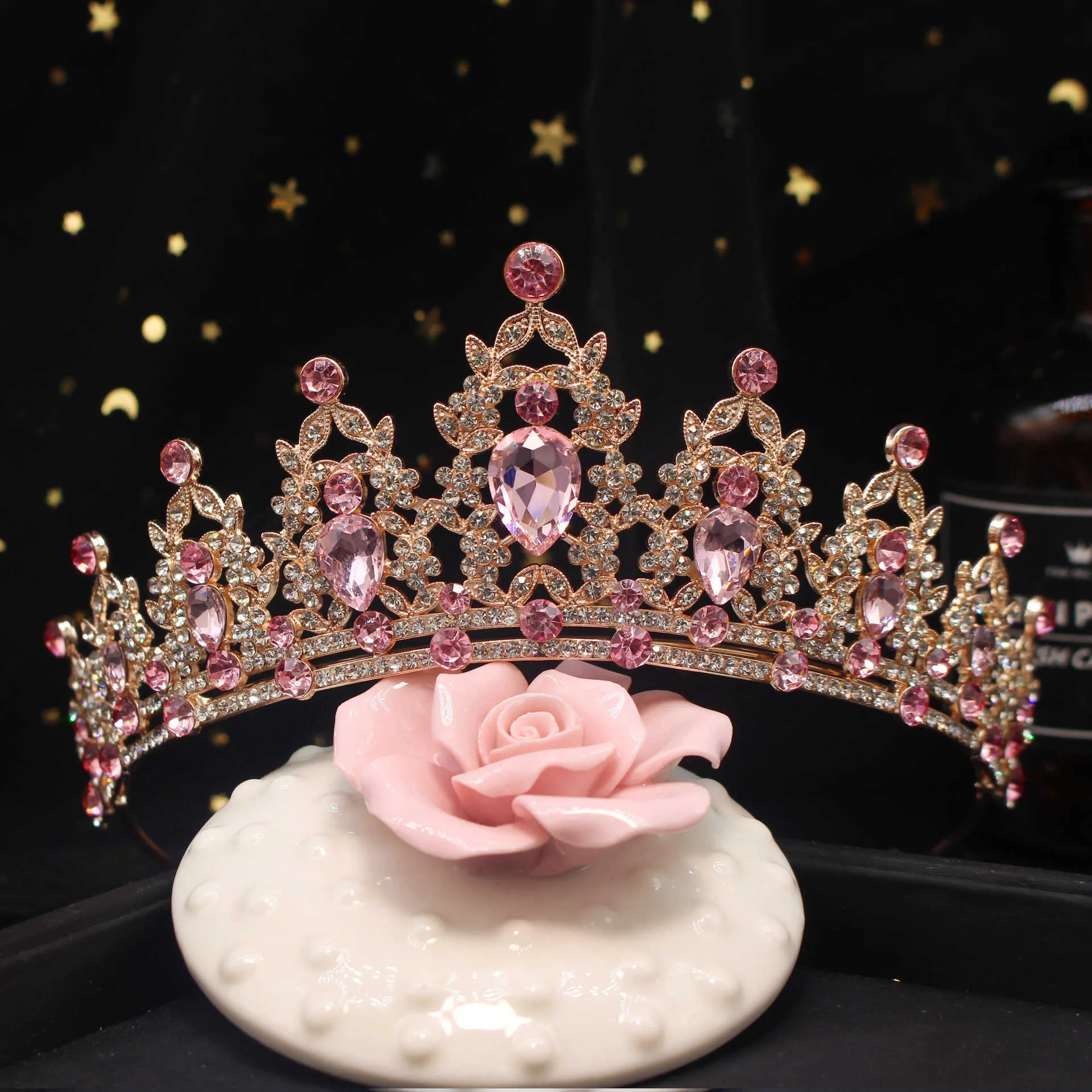 Tiaras Barock Vintage Gold Farbe Rosa Kristall Hochzeit Tiaras Krone Strass Diadem Braut Haarschmuck Stirnbänder Tiara De Noiva Z0220