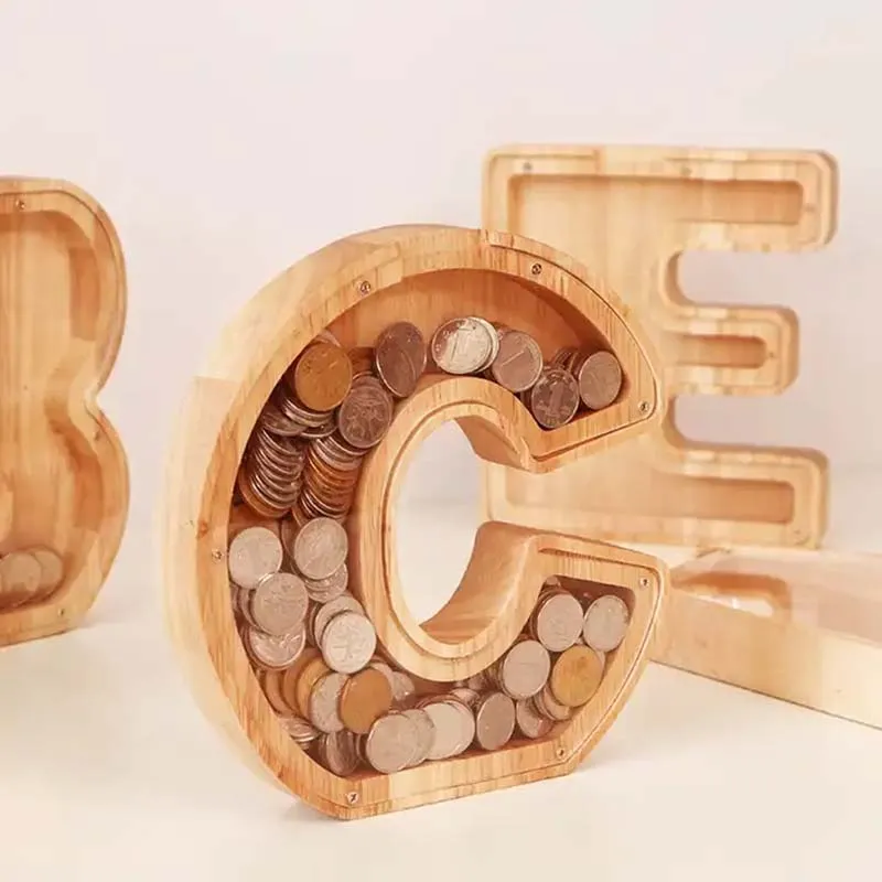 Boîte d'épargne de pièces de monnaie en bois de 26 lettres, boîte de rangement de pièces de monnaie avec nom personnalisé pour enfants et adultes, cadeaux d'anniversaire, décoration artisanale Souvenir