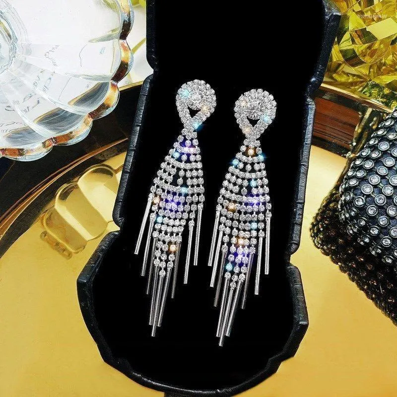 Kolczyki Dangle Korean Luksus Full Rhinestone Long Tassel dla kobiet hiperbolę Extra Big Crystal Fashion Party Wedding Biżuteria