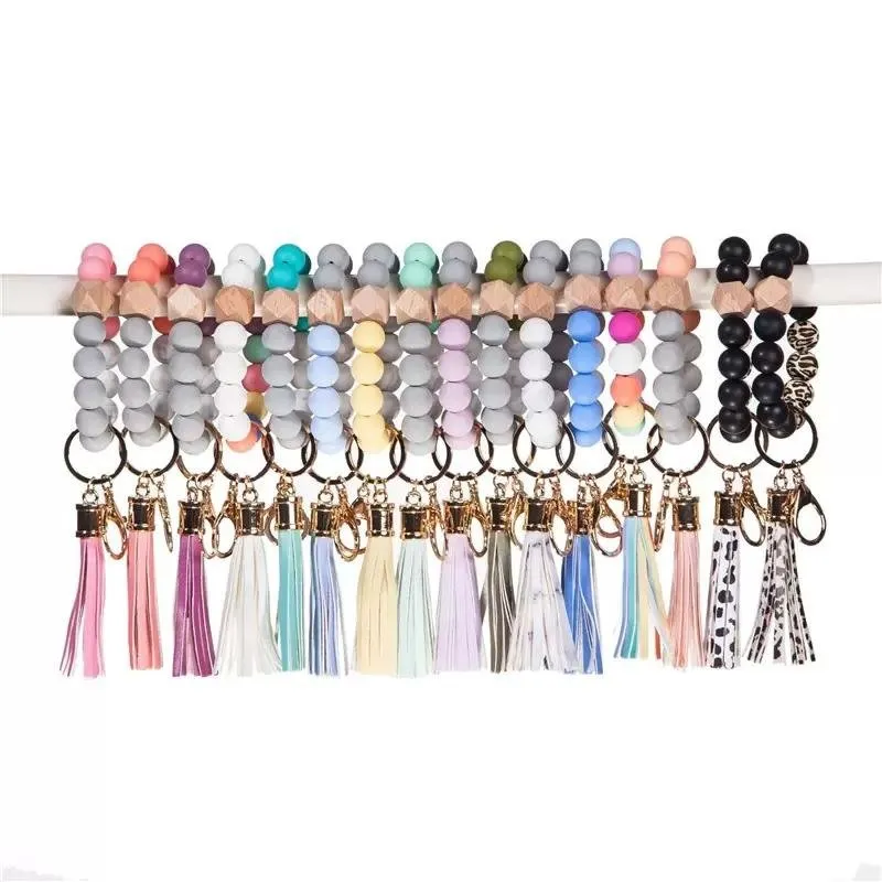 Stock Party Favor Wooden Tassel Ciąg Bracelets Bracelets Brelkain Silikonowe koraliki Kobiet Dziewczyna Kluczowy pasek na nadgarstek do łańcucha samochodu