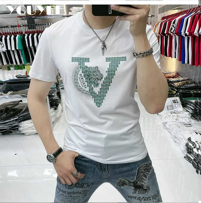 Herr t-shirts tshirt herrar smala fit tiger tryck het diamant sommar ny trend bomull casual oneck högkvalitet tees datum manliga kläder m6xl z0221