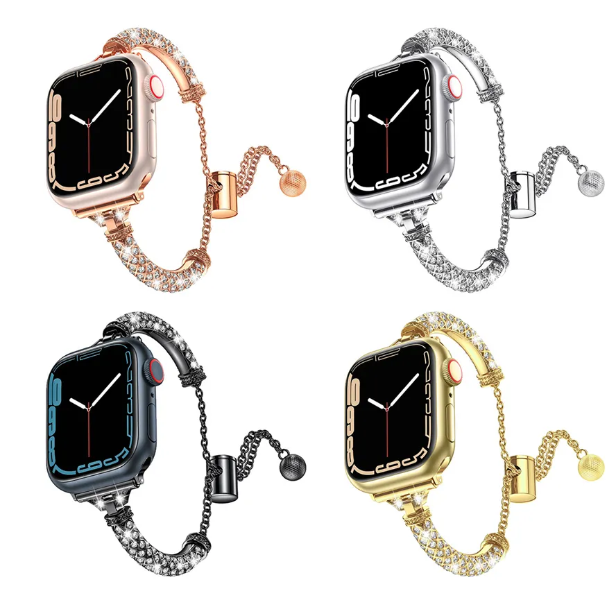 Cylindrical Full Drill Stainless Steel Band Diamond Straps Wristband Luxury Bracelet for Apple Watch 38/40/41mm 42/44/45/mm Strap for iWatch Series 3 4 5 6 7 8