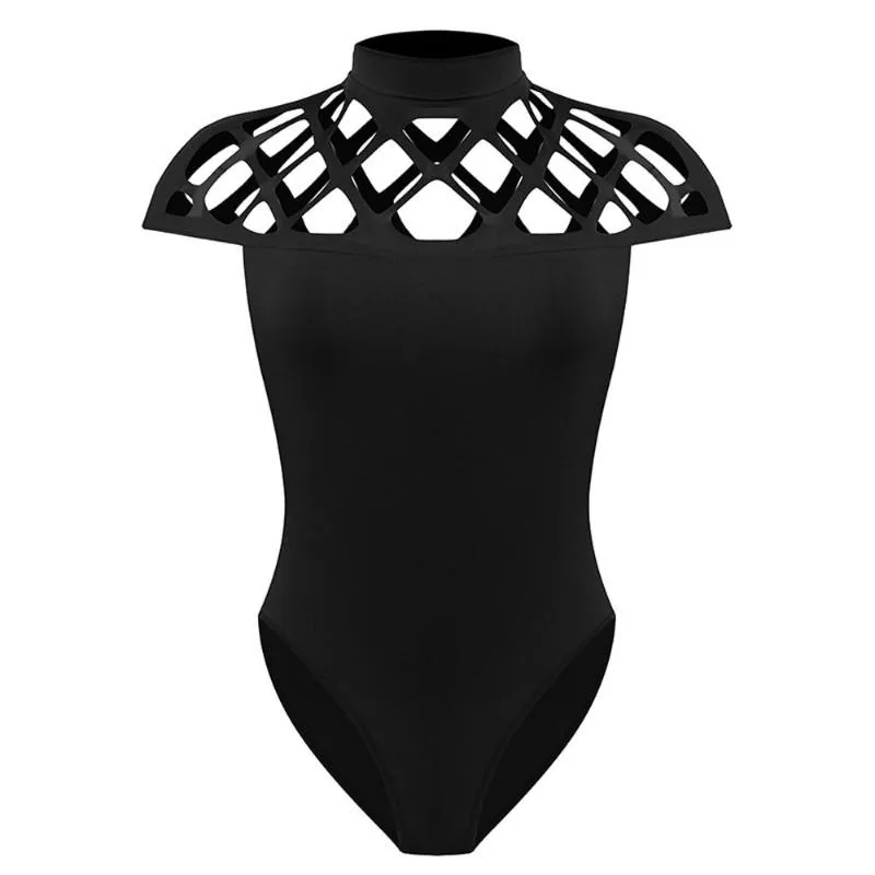 Women's Jumpsuits & Rompers Summer Bodysuit Women Sexy Bow Black Mock Neck Patchwork Long Sleeve Back Ladies Lace Mesh Transparent Tops #LR4