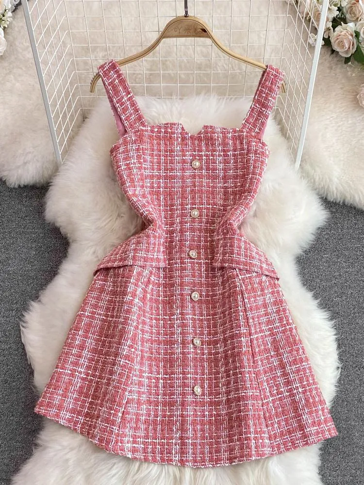 Casual Dresses Autumn Winter Sweet Pink/Black Short Tweed Women Vintage Single-Breasted Sleeveless Slim Mini Tank Dress Korean Fashion