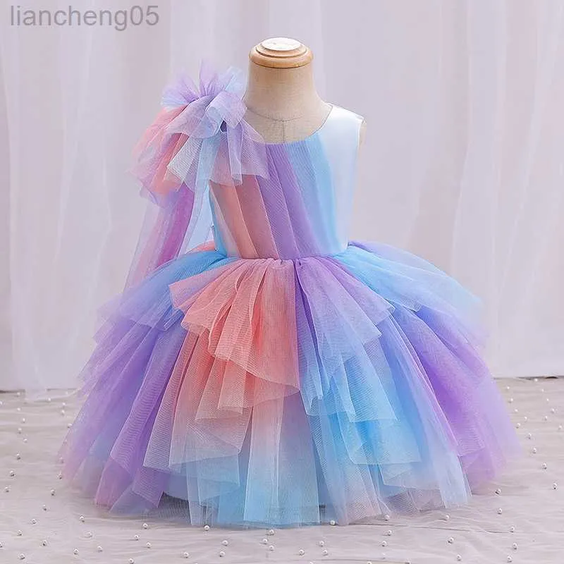 Girl's Dresses Summer Baby Girl Colorful Rainbow Dress Children Princess Performance Gradual Tulle Birthday Evening Frock Kids Wedding Clothing W0221