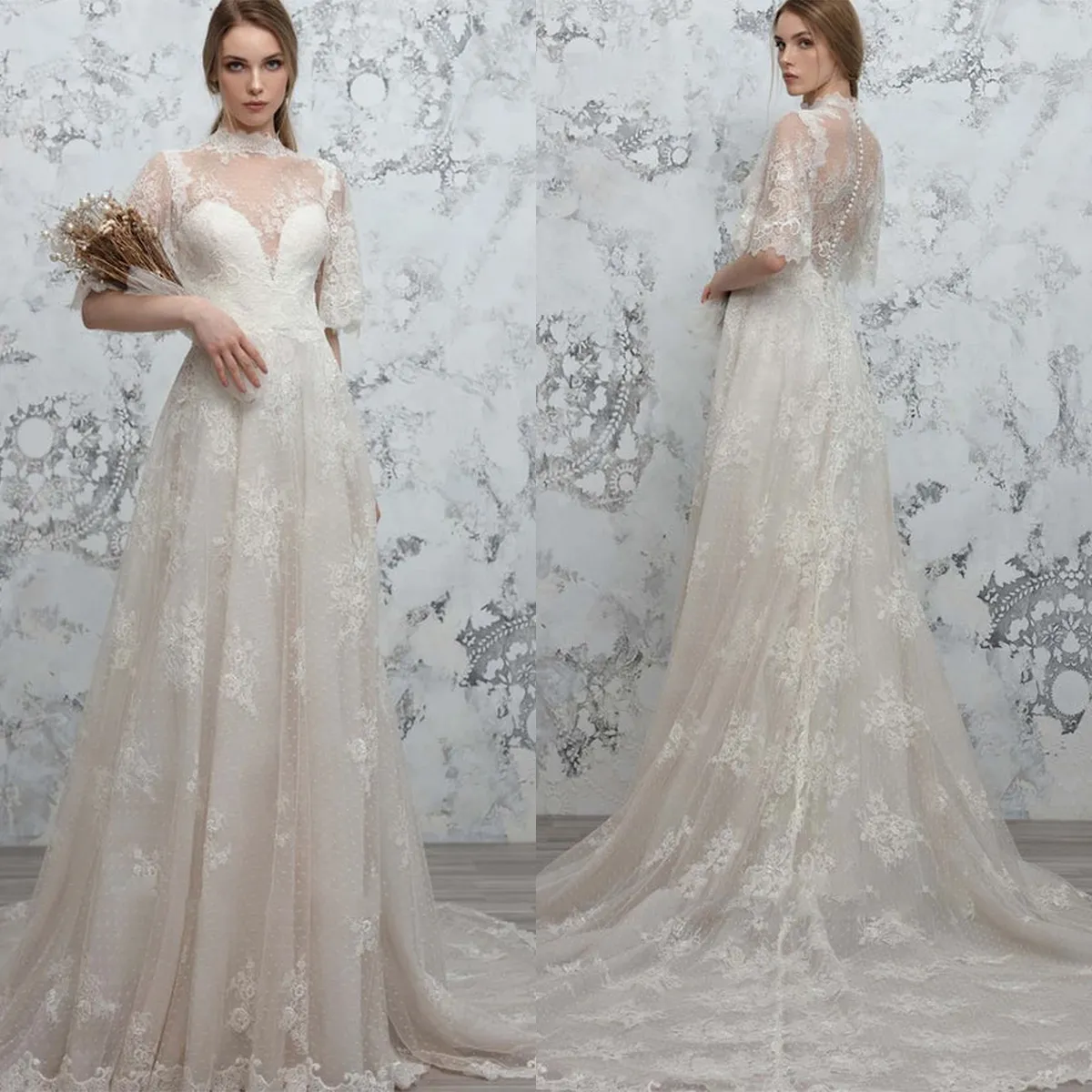 Junoesque A-Line Wedding Dresses Juvel korta ￤rmar med s￶kande backless blixtl￥s golvl￤ngd anpassad plus storlek brudkl￤nning vestidos de novia