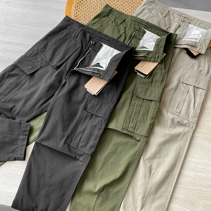 Pantaloni da uomo Vintage Puro cotone lavato Moda Versatile Pantaloni casual Tasche multiple Tuta Cargo 230221