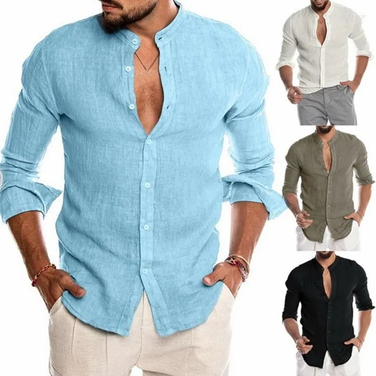 Mannen katoenen linnen overhemd effen kleur lange mouw vest lange mouw voor mannen casual losse kraagloze knop mannelijke man shirts