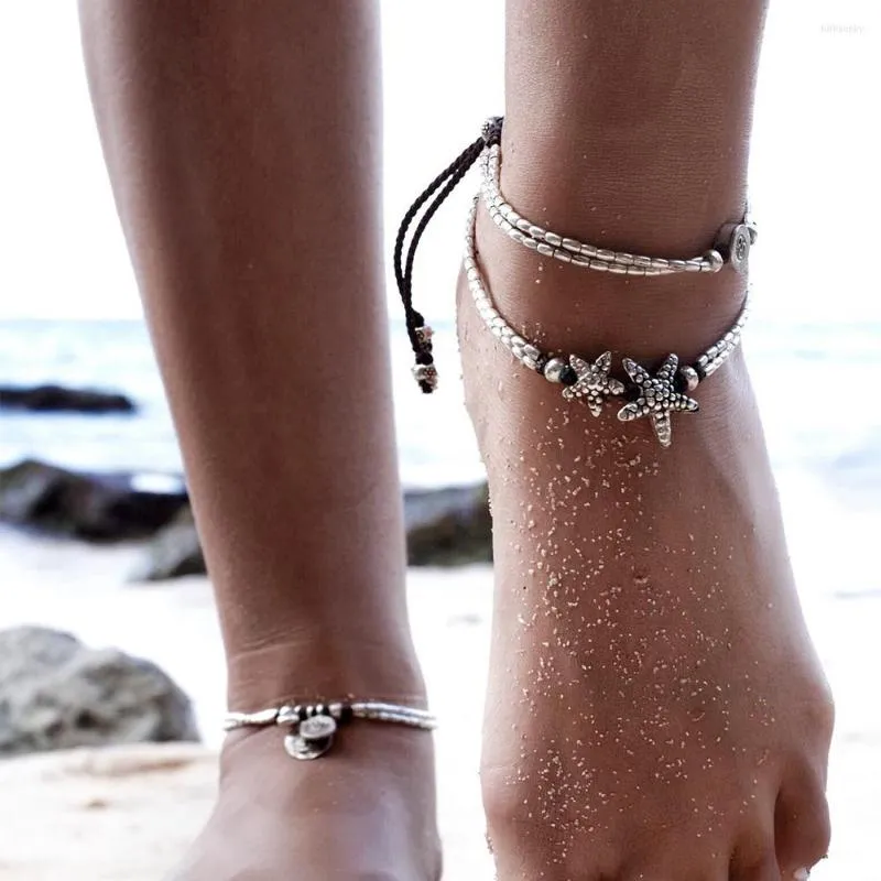 Anklets oktrendy 2023 Kvinnor Charm Starfish Anklet Bohemian Double Chain Beach Foot Ocean Jewelry Drop