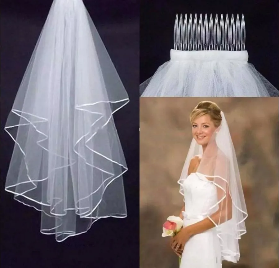 Veli da sposa Semplice Bianco Avorio Alta qualità Singolo Due strati Lunghezza gomito Pettine corto Velo da sposa morbido Accessori per spose Bordo del nastro