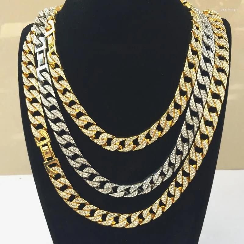 Chains 14mm Men's Miami Curb Cuban Chain Gold Necklace Hip Hop Bling Iced Out Paved Rhinestones CZ Rapper Male Jewelry