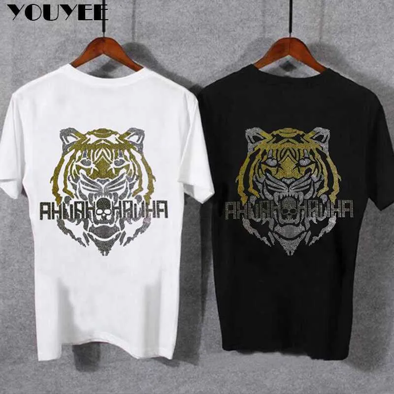 Männer T-Shirts Tiger Kopf Muster Casual Männlich T-shirt Baumwolle Jugend Doppelseitige Diamanten Sommer Weiß Schwarz Rundhals T-stück Herren Kleidung S5XL Z0221