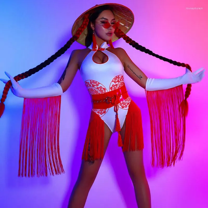 Scena noszenia tancerzy gogo kostiumów chiński styl frędzlony rękaw seksowne bodysuit żeńskie DJ kostium nocny festiwal baru festiwal