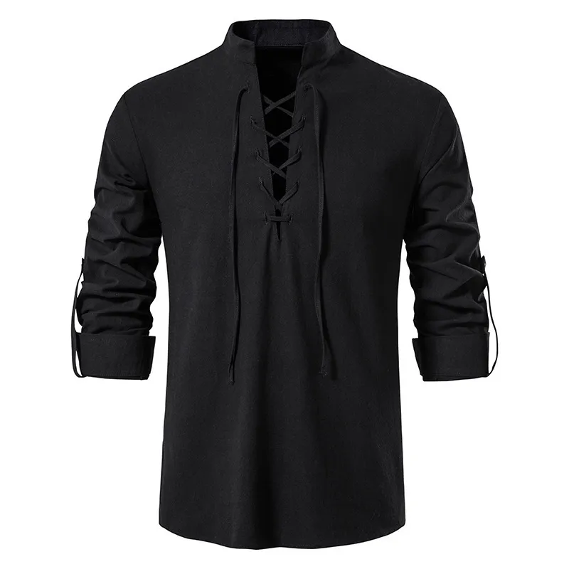 Mäns avslappnade skjortor 2023 Vneck Blus Sun Print Medieval Viking Lace Up Thin Long Sleeve Tops Fashion Handsome Mens T Shirt 230221