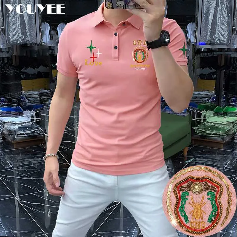 Men's T-Shirts 2022 New Polo Men's Heavy Craft Embroidery Trendy Male Pink Top Short Sleeved Tshirt Summer High Quality Handsome Man Clothing Z0221