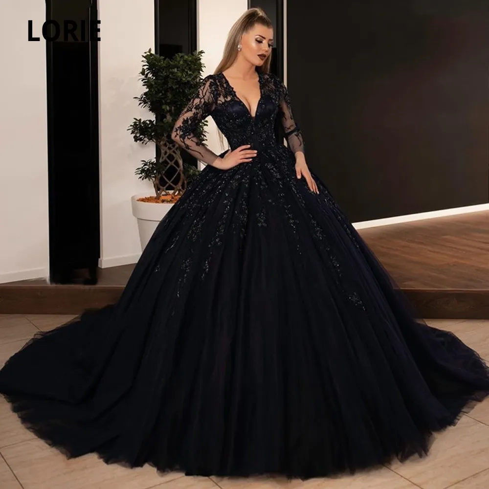 Abiti da festa Abito da ballo LORIE Abito da sposa nero con paillettes in pizzo Abiti da sposa con abito da principessa con lacci a maniche lunghe Taglie forti 230221