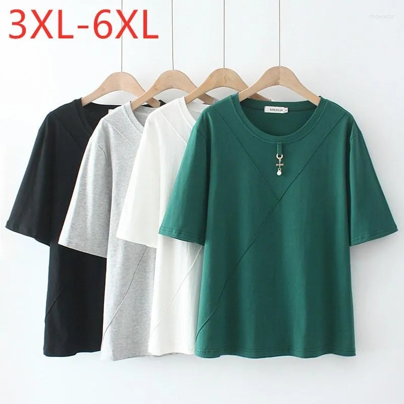Shirt 2023 Ladies Summer Plus Size Tops For Women Large Short Sleeve Loose Cotton Green White O-neck T-shirt 3XL 4XL 5XL 6XL