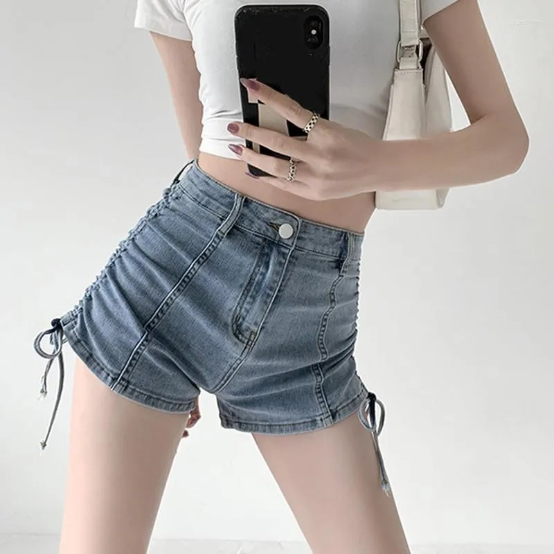 Dames shorts Koreaanse mode trekkoord vrouwen zwart grijze high taille denim korte broek vrouwelijke club sexy bodycon jeans