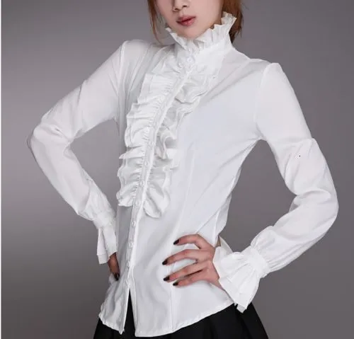 Blouzen voor damesoverhemden Victoriaanse foure blouse dames ol kantoor dames zakelijk wit shirt hoge nek frilly ruches ruches manchetten vrouwelijk 230220