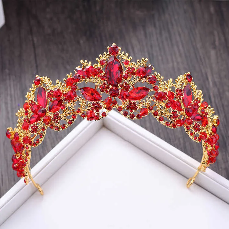 Tiaras Baroque Luxury Red Crystal Bridal Crown Tiaras Vintage Gold Color Pageant Diadem Veil Tiara Women Bride Hair Association Z0220